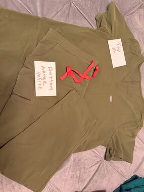 Figs Olive Green Scrub Set with Pink Drawstring